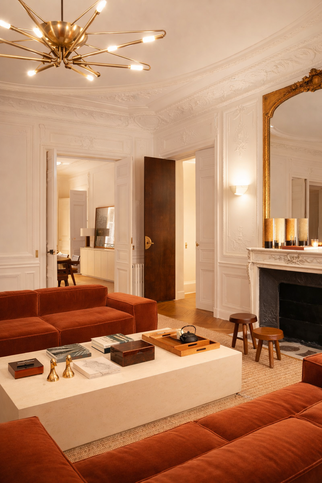 salon intérieur de nuit, éclairage tamisé, ambiance chaleureuse